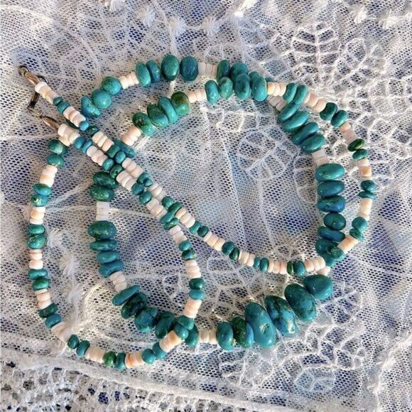 Vintage Turquoise nugget & Spiny Oyster Shell Heishi Necklace 30” - Picture 3 of 10